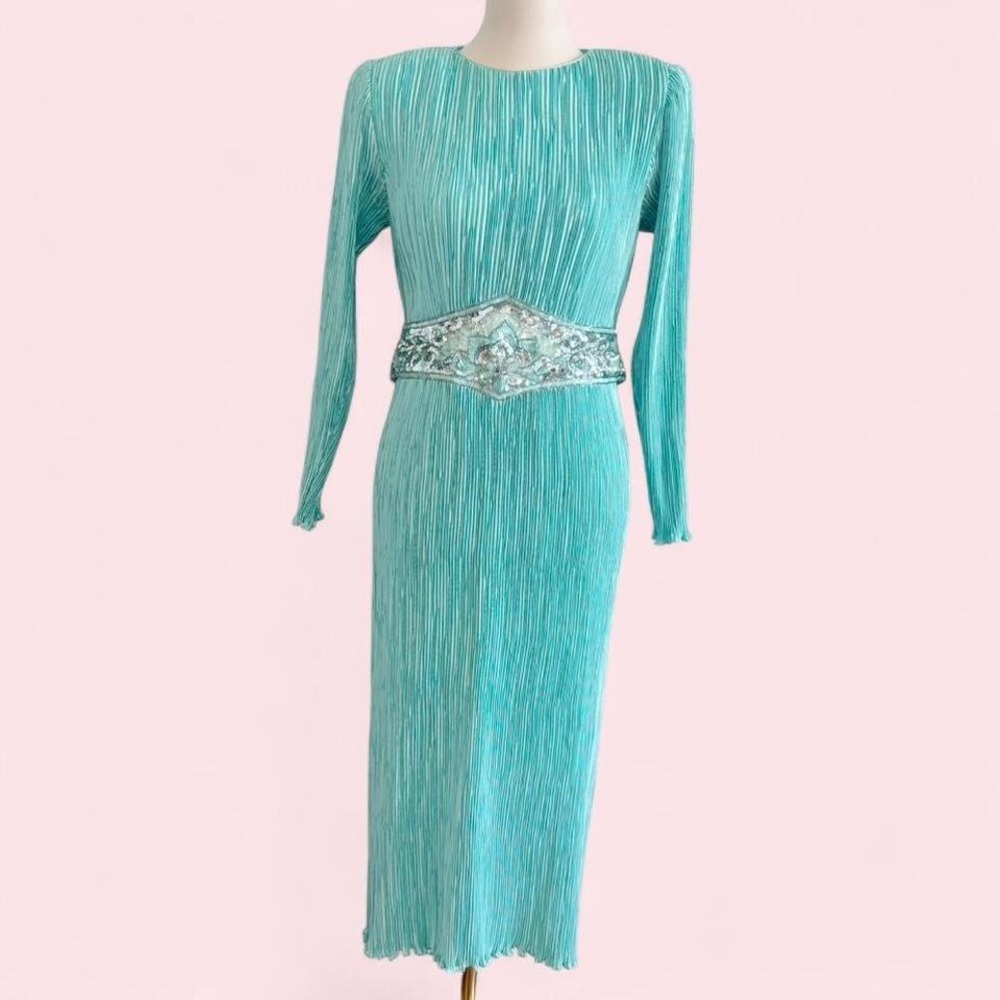 Vintage Nuit Aqua Pleated Midi Dress‎ with Beaded Waistband Size 12